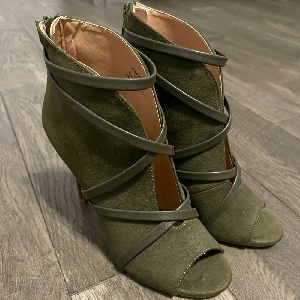 Olive Green Suede Lace-Up Heeled Booties | Open Toe Stiletto | Size 6 - Picture 6 of 10